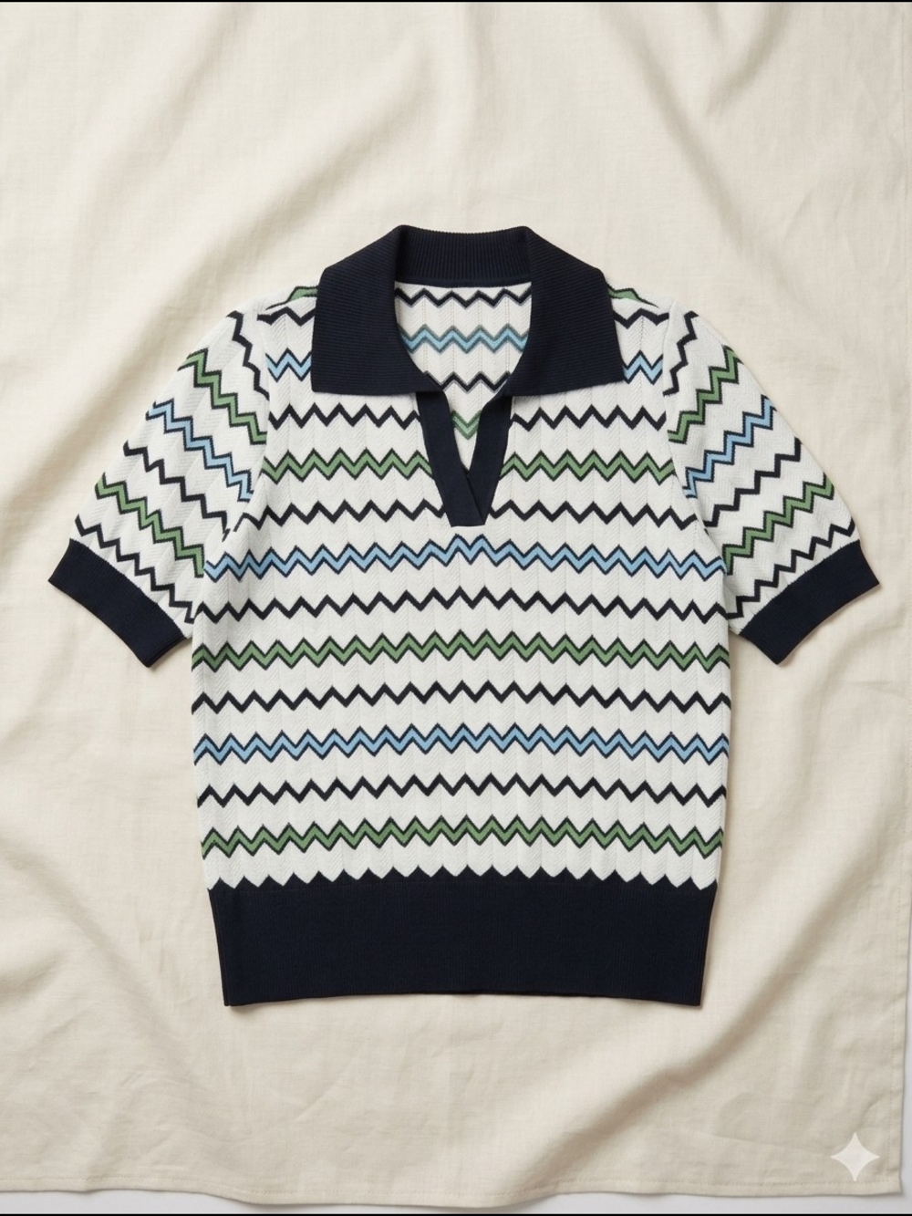 Coastal Chic Geometric Chevron Knit Polo Resort Wear Top